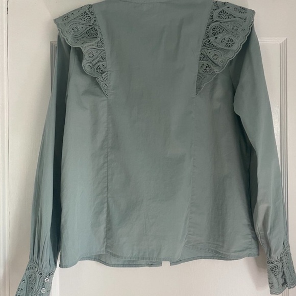 Sezane Desiree Button Down Blouse Chic Lace-Trimmed Blouse in Soft Blue - Picture 6 of 7